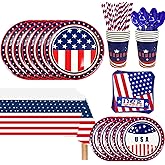 193pcs Patriotic Party Supplies, 24 Guests Veterans Day Tableware Set, 4th of July Plates Napkins American Flag Tablecloth Independence Thank You Veterans Party Decorations
