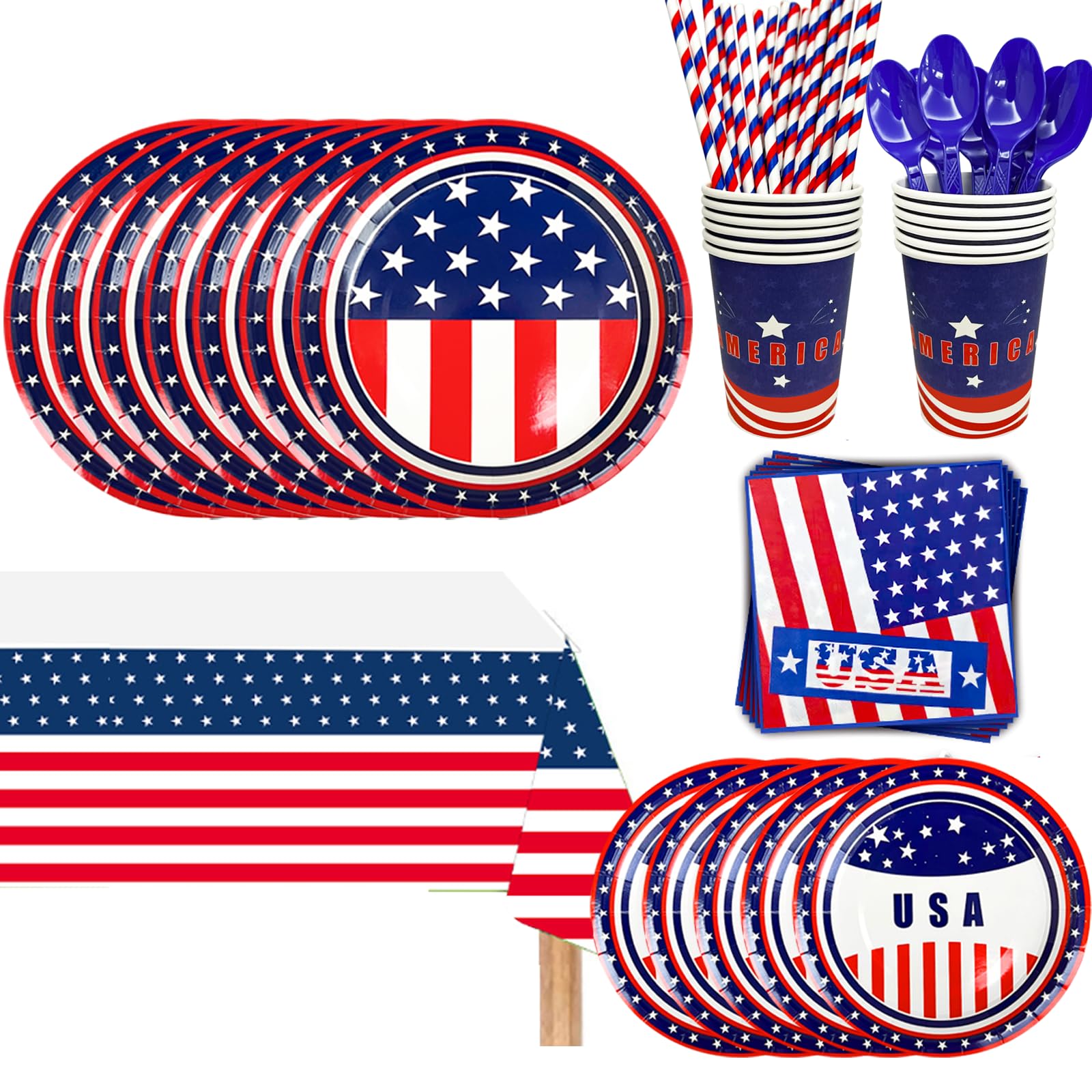 Photo 1 of 193pcs Patriotic Party Supplies, 24 Guests Veterans Day Tableware Set, 4th of July Plates Napkins American Flag Tablecloth Independence Thank You Veterans Party Decorations