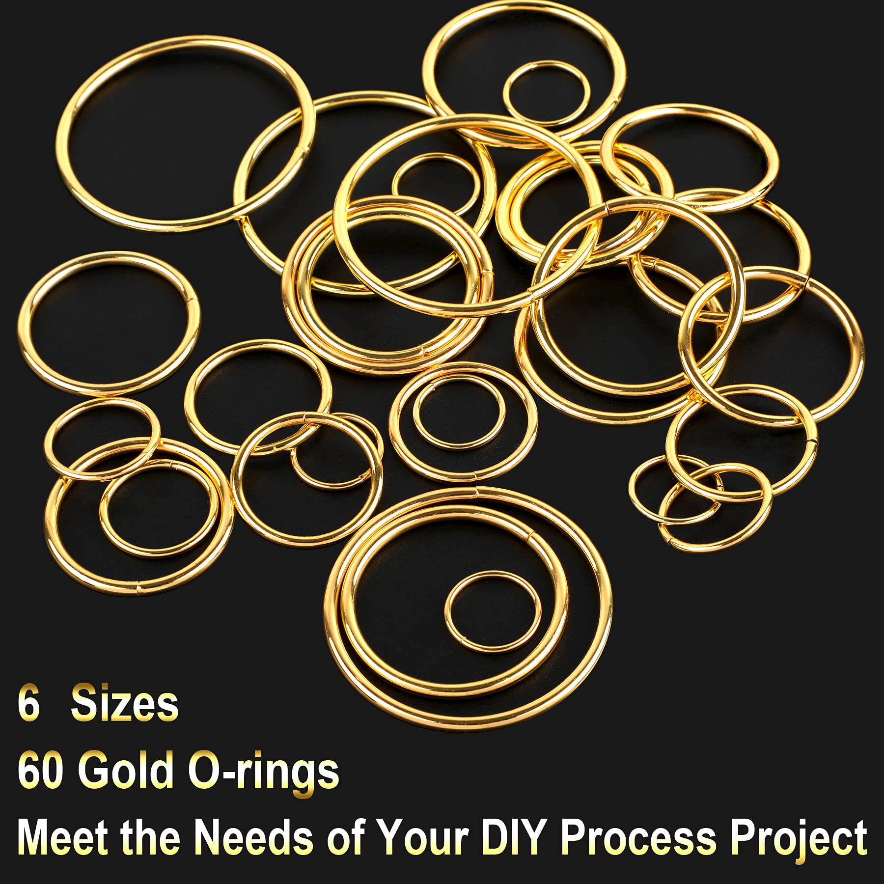 60Pcs 6 Sizes Gold Metal O Rings Multi-Purpose Buckle Loop Ring for Hardware Bags DIY Keychains Belts Craft Projects, 15mm, 20mm, 25mm, 32mm, 38mm, 50mm