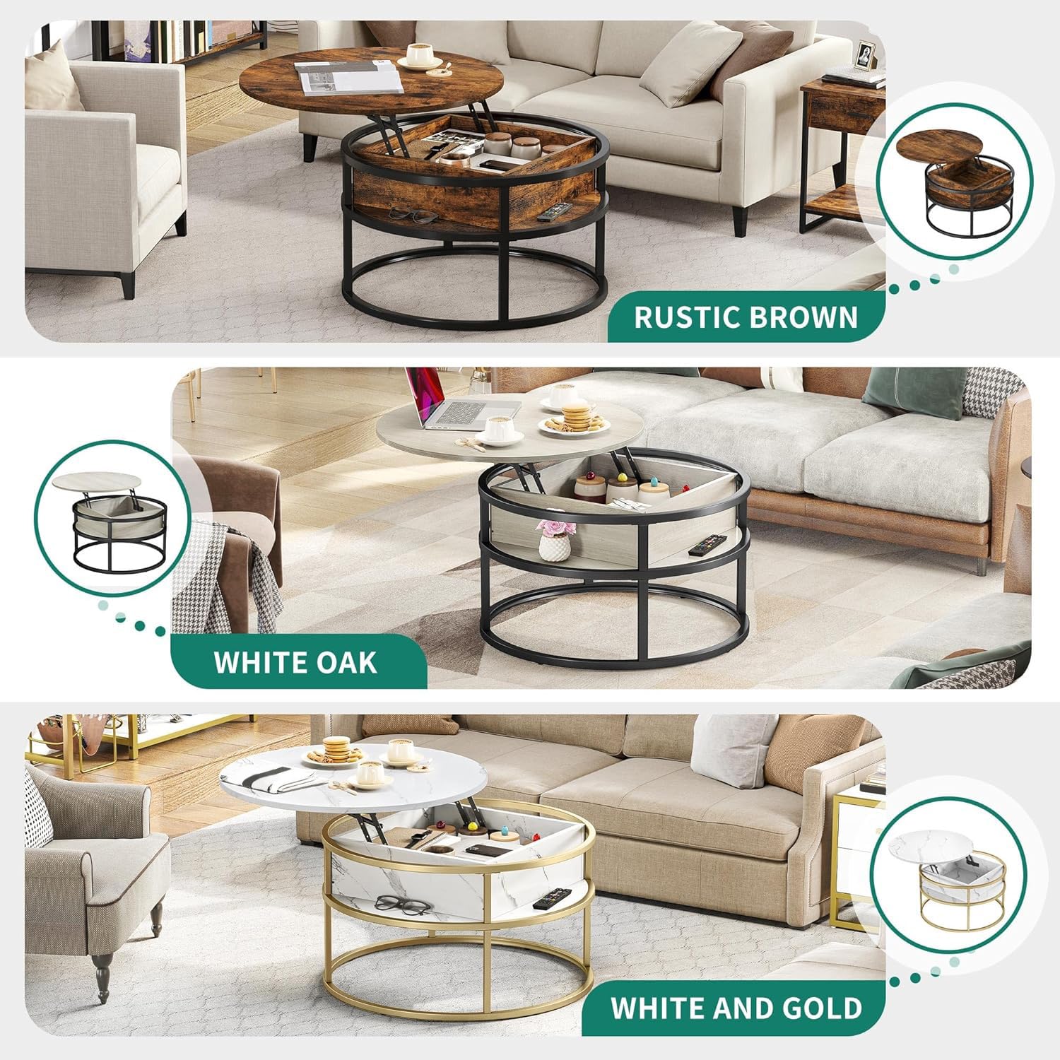 YITAHOME Couchtisch Rund mit Hebeplatte, Wohnzimmertisch mit verstecktem Ablagefach, Beistelltisch Rund mit Stauraum für Home Office, Runder Mitteltische Wohnzimmer 7