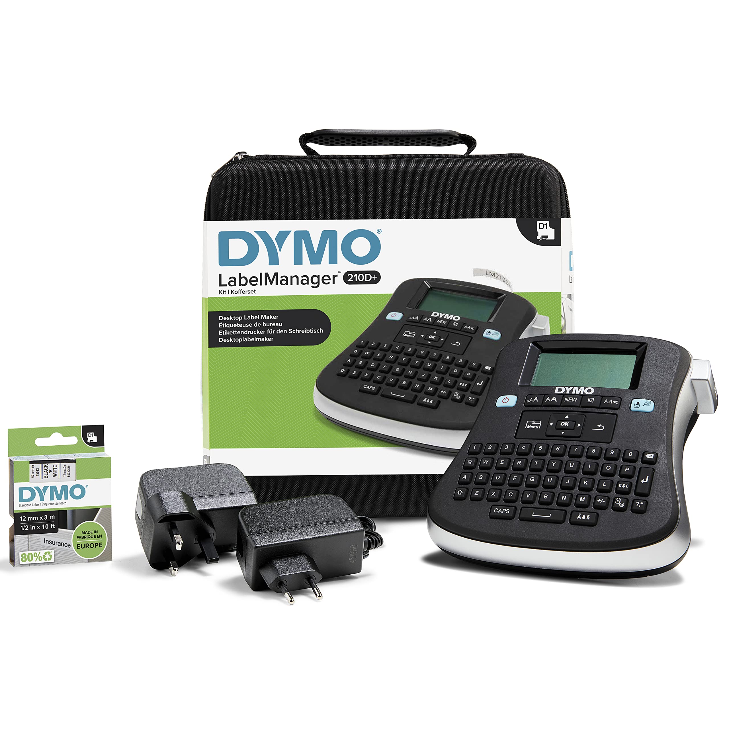 Dymo LabelManager 210D+ Handheld Label Maker Kit | QWERTY Keyboard | with 12mm Black on White D1 Labels & Carrying Case