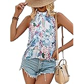 Simplee Womens Halter Tank Top Floral Tie High Neck Sleeveless Boho Loose Fit Flowy Tiered Summer Fashion Shirt Camisole Tops