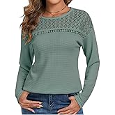 Chicrise Waffle Knit Tops Women Lace Crew Neck Long Sleeves Shirts Dressy Casual Blouses Basic