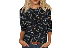 UJAKEL Women Halloween Shirt 3/4 Sleeves Halloween Pumpkin/Bat/Spiderweb Prints Loose Casual T-Shirts Round Neck Blouses Tops