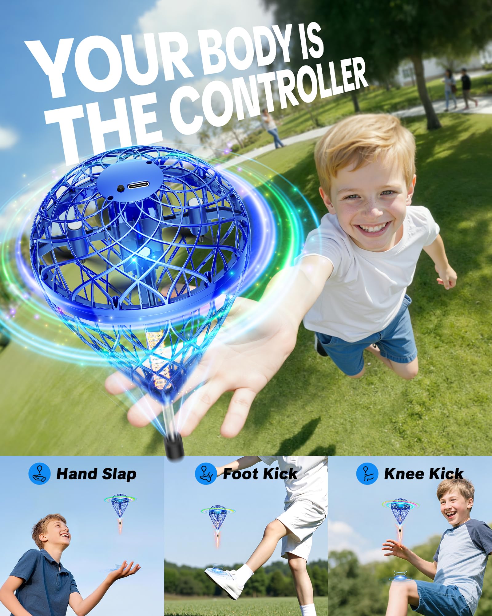 Flystars Flying Bouncing Toys, Next-Gen Pro 2025 Cosmic Globe Flying Orb Ball Motion-Control Hover Spinner with 3D Flips, Cool Interactive Gift Toy for Kids 6+ Boys Girls Teens(Blue-S)