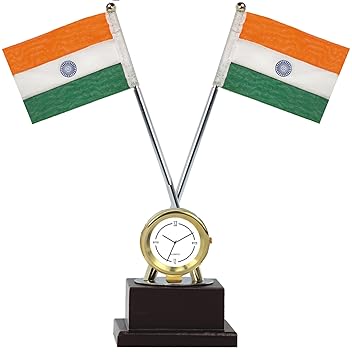 Deals Outlet Brass & Stainless Steel National Flag Tiranga Showpiece With Watch For Independence Gift, Festive Decor, Gifts, Gift Set, Cheap Gifts, Tabletop, Car, Desktop Table, Table Clock, Corporate Gift, Award For Functions, Felicitation, Gift Items, Office Functions Awards, Other Functions Awards.