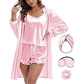 MORFORU Silk Pajamas for Women 3 Piece Satin Pajama Set with Robe Camisole Tops Ruffle Shorts with Sleep Mask 2 Piece Pjs