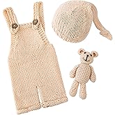 Vemonllas Newborn Photoshoot Outfits Crochet Bear Hat & Romper Set for Baby Boys Girls - Handmade Photo Props Outfits