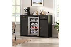 Herture Mini Fridge Cabinet,Coffee Bar Cabinet with Fridge Space & Wine Storage with Outlets,Fits 24" Fridge,Mini Fridge Stand,Buffet Sideboard Table Wine Cabinet for Kitchen Dining Room Black KH04MRB