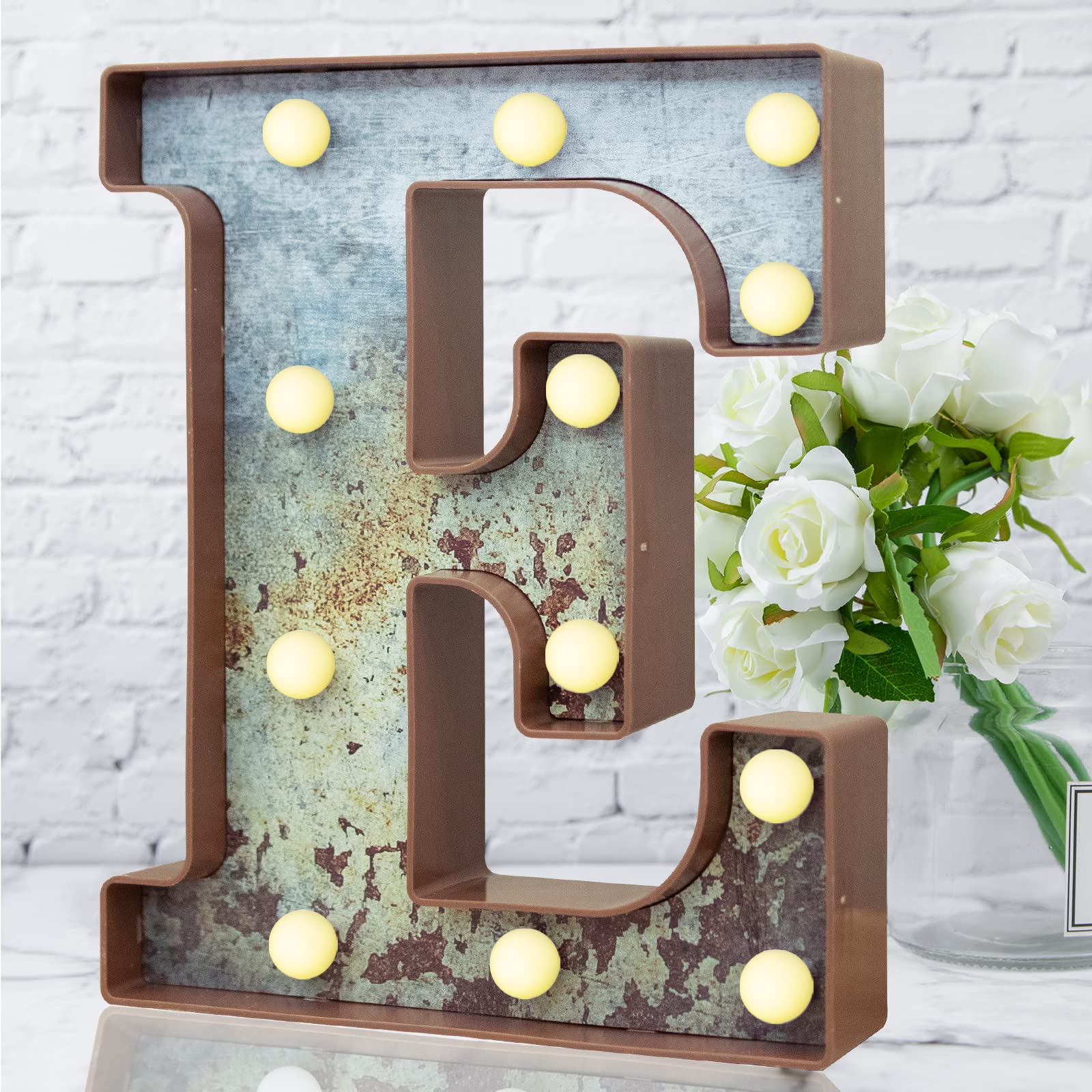 LED Marquee Light Up Letters Industrial Vintage Style Lighted Letters Rust Metal Effect Marquee Letter with Lights Illumination Letter Signs for Christmas Wedding Birthday Party Home Cafe Bar Decor-E