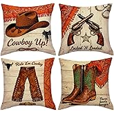 JAERUE Western Cowboy Theme Pillow Cover 4Pack,18x18 Inch Wild West Decor Revolver,Handcuffs, Cowboy Hat, Boots Pillowcases Southwestern Boho Cushion Covers for Living Room Couch Bedroom(Red/Brown)
