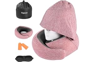Vzpeun Travel Pillow - Hooded Neck Pillow Airplane, Memory Foam Pillow for Plane, Office, Cars Sleeping, Long Flight Must Haves, Road Trip Essentials Accessories for Adults (Red)