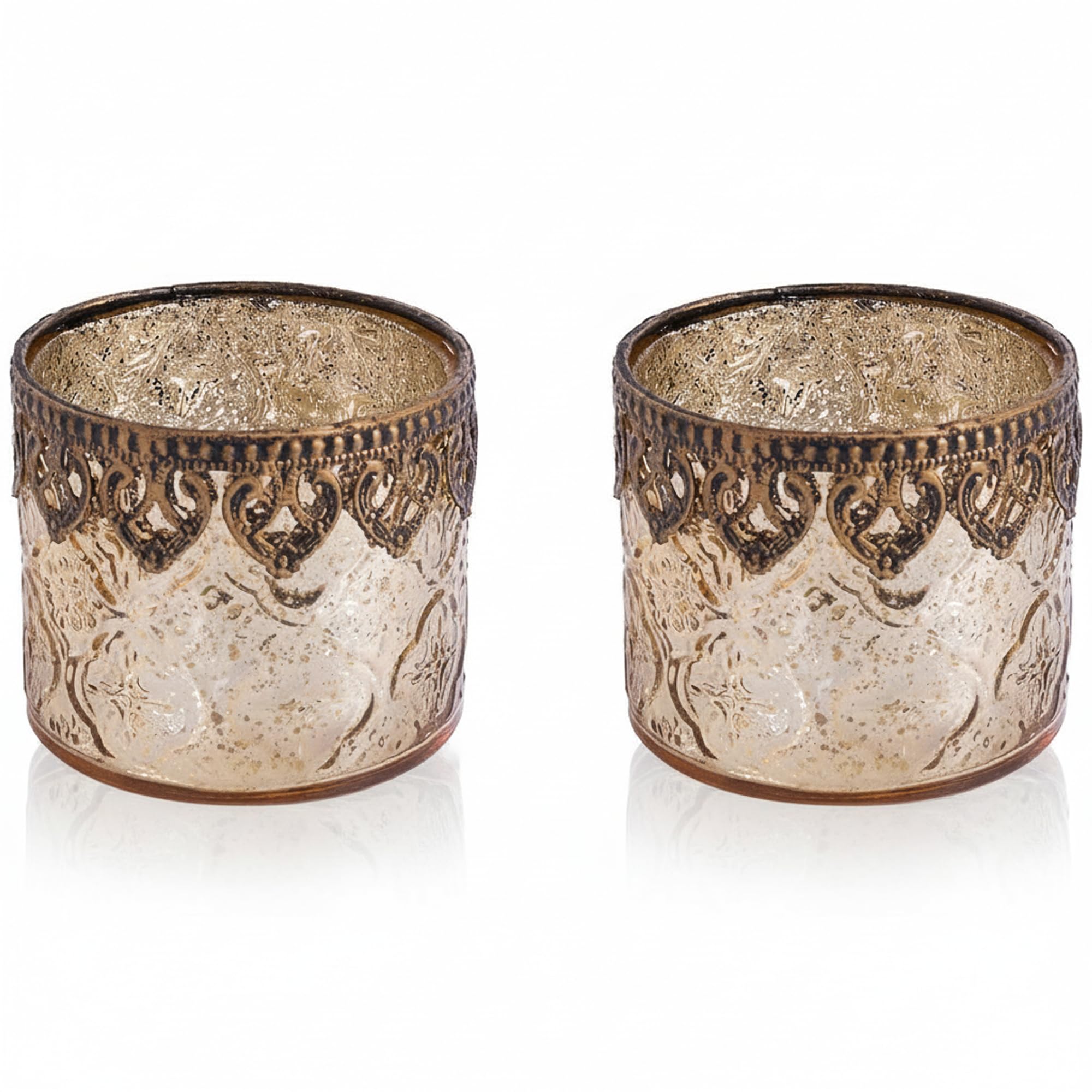 Jinfa Vintage Tealight Glass Candle Holder, Set of 2, Silver, Gold, Red, 10 cm Diameter, Home Decor