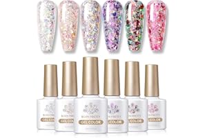 Born Pretty Glitter Sequins Gel Nail Polish Sparkly Shiny Pink Yellow Blue Green Gel Nail Polish Set Soak Off U V Nail Gel Valentine's Day Gift Collection Nail Art Manicure Varnish Kit 10ML 6PCS