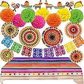Recosis Fiesta Party Decorations, Multicoloured Tablecover Paper Fans Pompoms Decorations Mexicano Plastic Papel Picado Banner for Fiesta Mexican Cinco De Mayo Taco Birthday Party Supplies