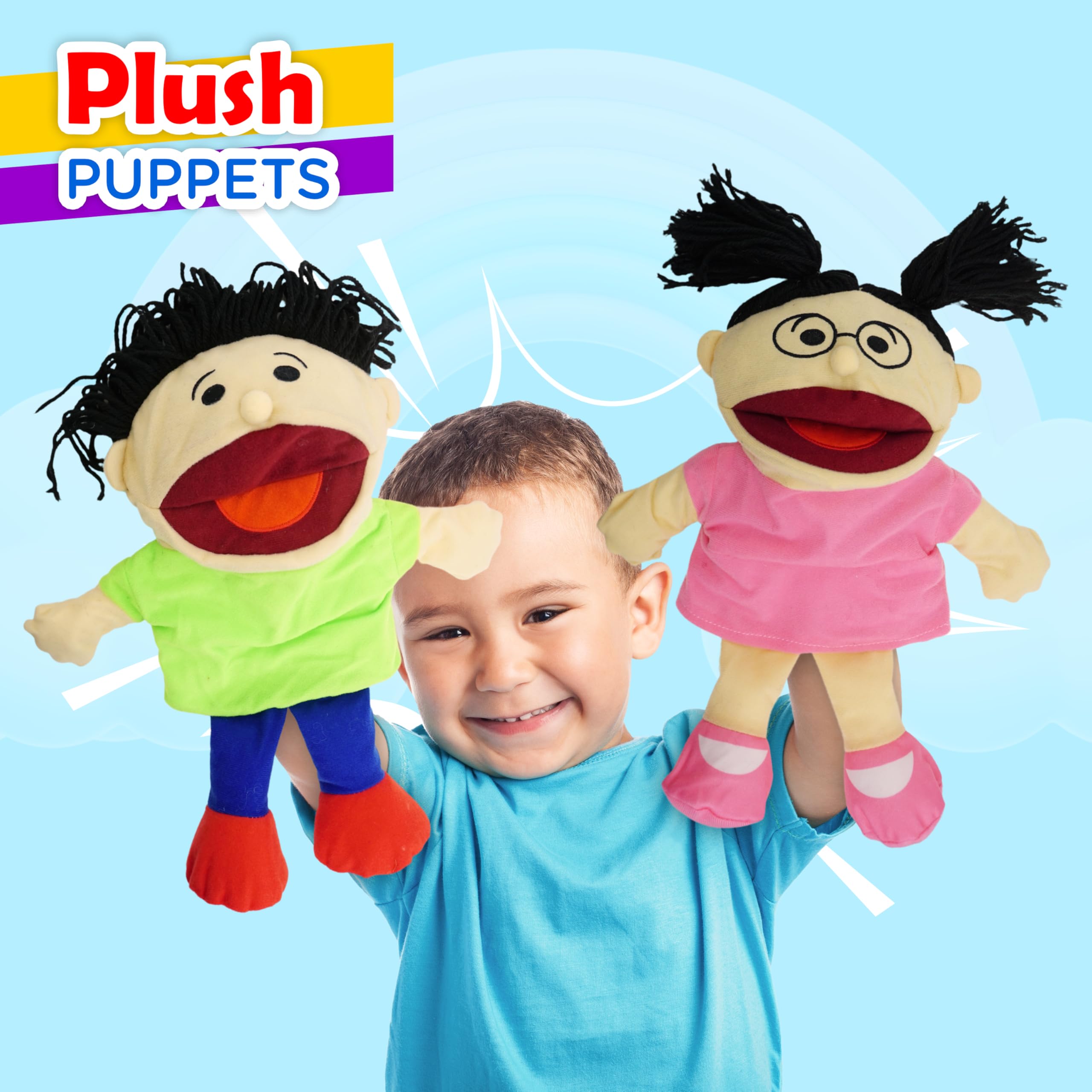 4E's Novelty Multicultural Hand Puppets for Kids - 8 Pack with Movable Mouth, Bulk Soft Plush Puppets for Kids Ages 4-8, for School Home Theater Shows, Teachers Classroom Supplies