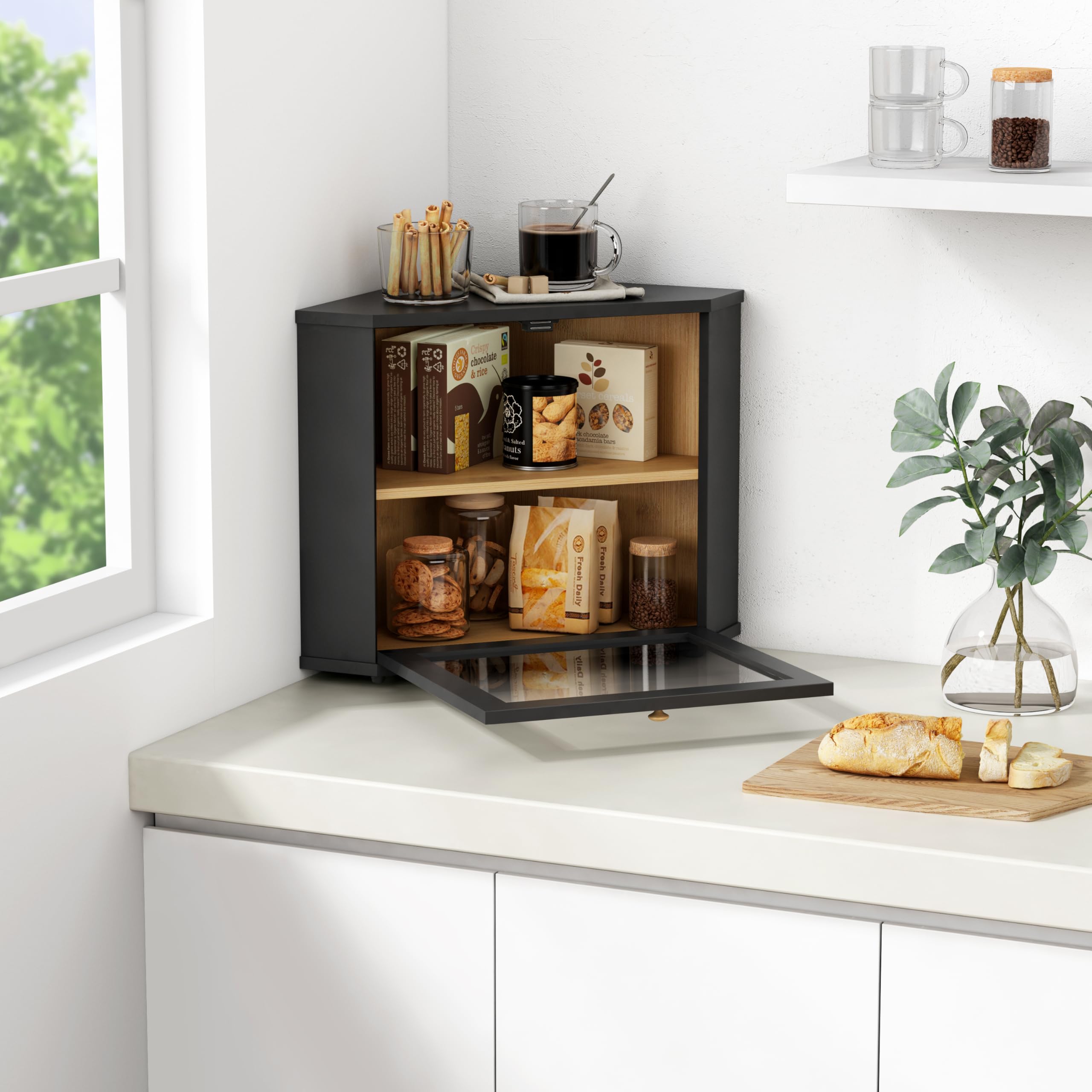 Corner Bread Box for Kitchen Countertop, Black Bread Storage Container for Homemade Bread, Two Layer Breadbox under Cabinet Mount, Large Bread Holder for Kitchen Counter, Panry Shelf