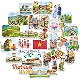 Navy Peony Vibrant Vietnam Travel Stickers (29pcs) - Watercolor, Vietnamese-Themed Vacation Decals for Journals, Scrapbooks, Luggage, Tumbler