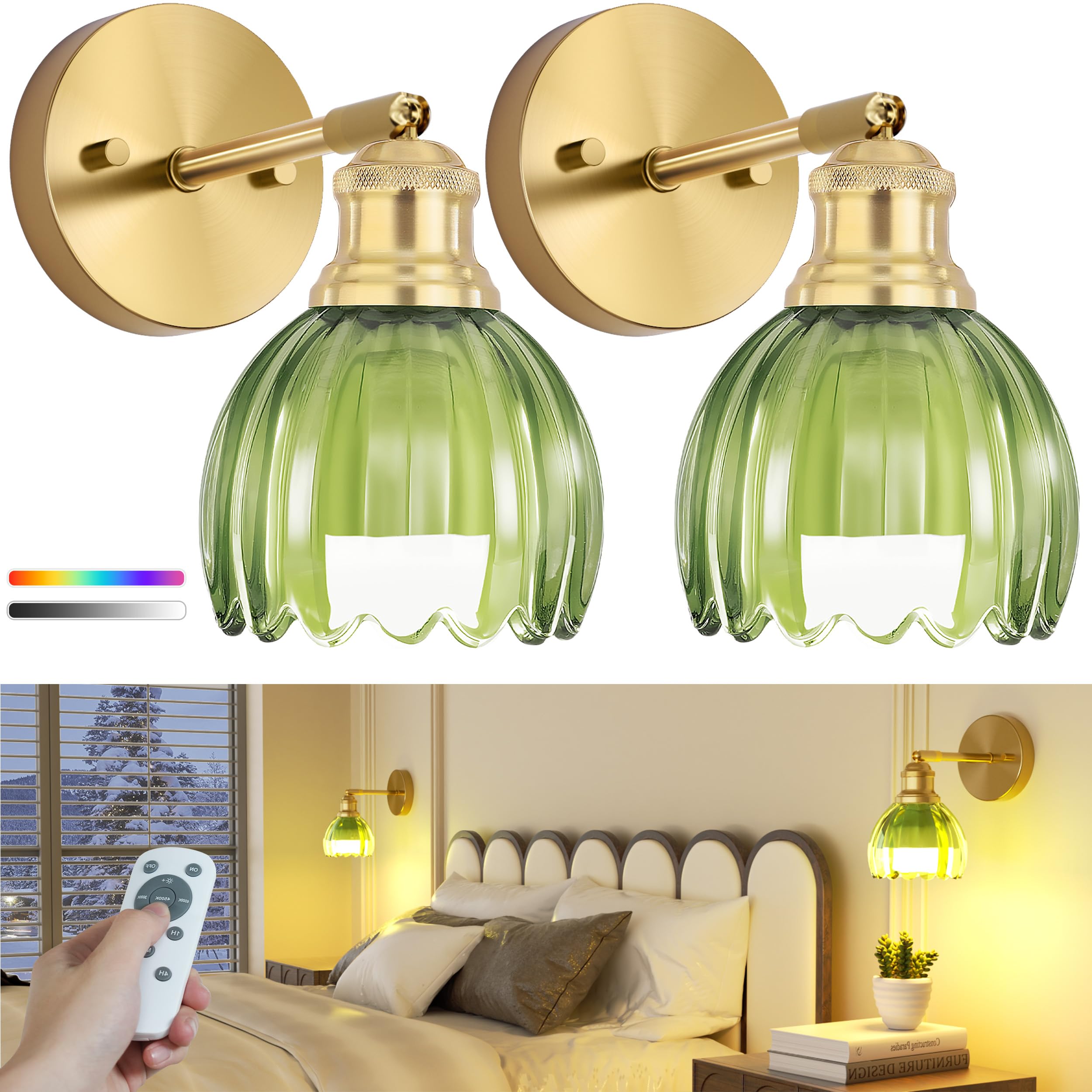 Photo 1 of VOLISUN Vintage Battery Operated Wall Sconces, with Green Tulip Glass Lampshade, Wireless Wall Sconces Set of Two, Rechargeable Battery Powered Wall Lights, Sconces Wall Decor for Bedroom Living Room