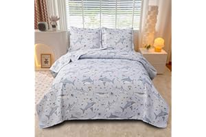 JESSY HOME Beach Bedding Kids Twin Size Quilt Set Shark Quilt Bedding Summer Cool Lightweight Quilt Coastal Bedding Reversible Quilt Bedspread Ocean Quilt Grey Shark Animal Quilts Coverlet with Pillow Shams