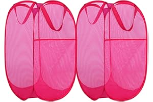 BATTOO Deluxe Strong Mesh Pop up Laundry Hamper Basket with Side Pocket for Laundry Room, Bathroom, Kids Room, College Dorm or Travel 2 Pack Blush