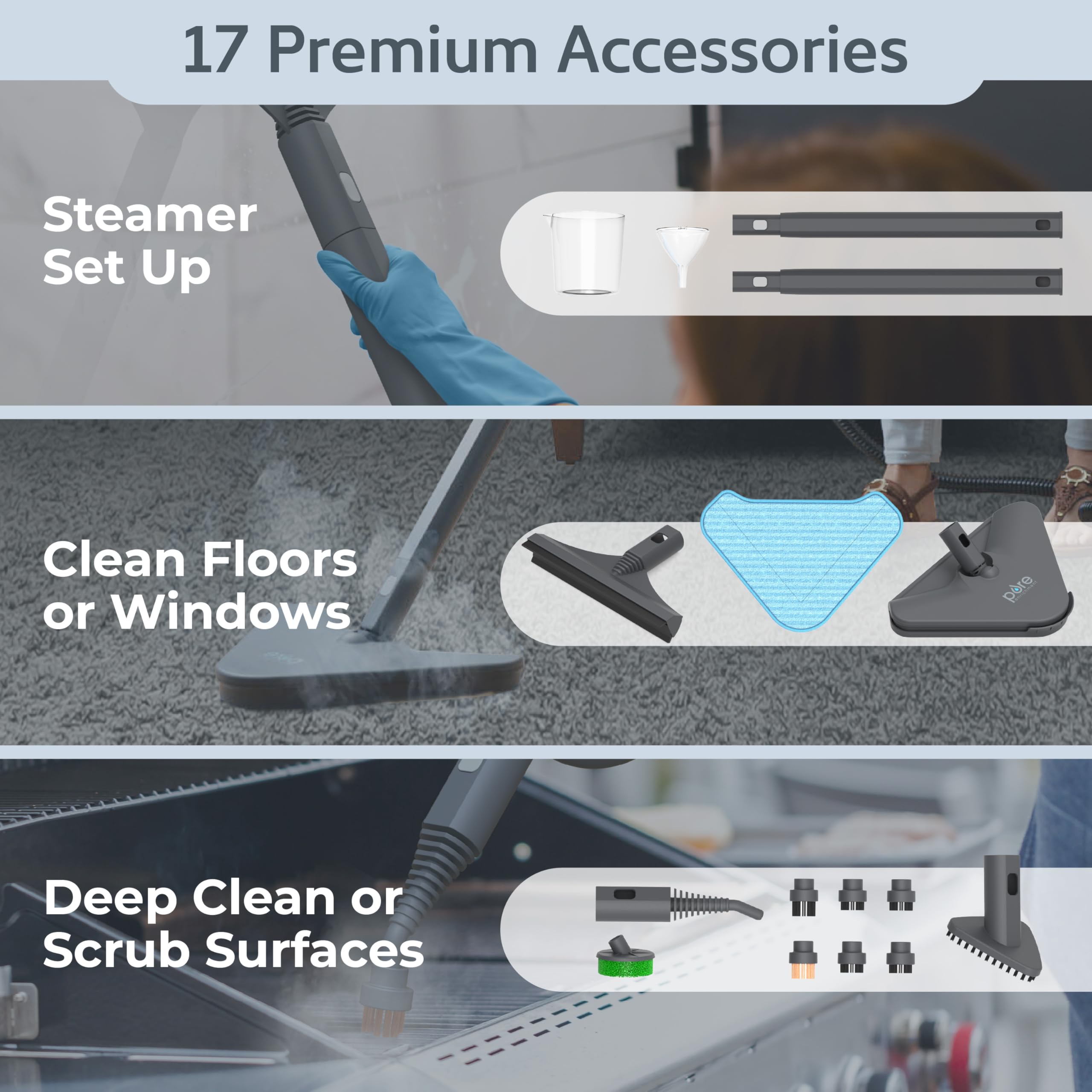 Pure Enrichment PureClean XL Rolling Steam Cleaner – Professional 1.5L Multi-Purpose Heavy Duty Steamer, 17 Accessories, Chemical-Free Deep Cleaning of Floors, Upholstery, Windows, Grout, Cars & More