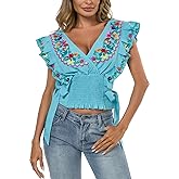 YZXDORWJ Women Mexican Embroidered Off-Shoulder Shirt Lace Falbala Top