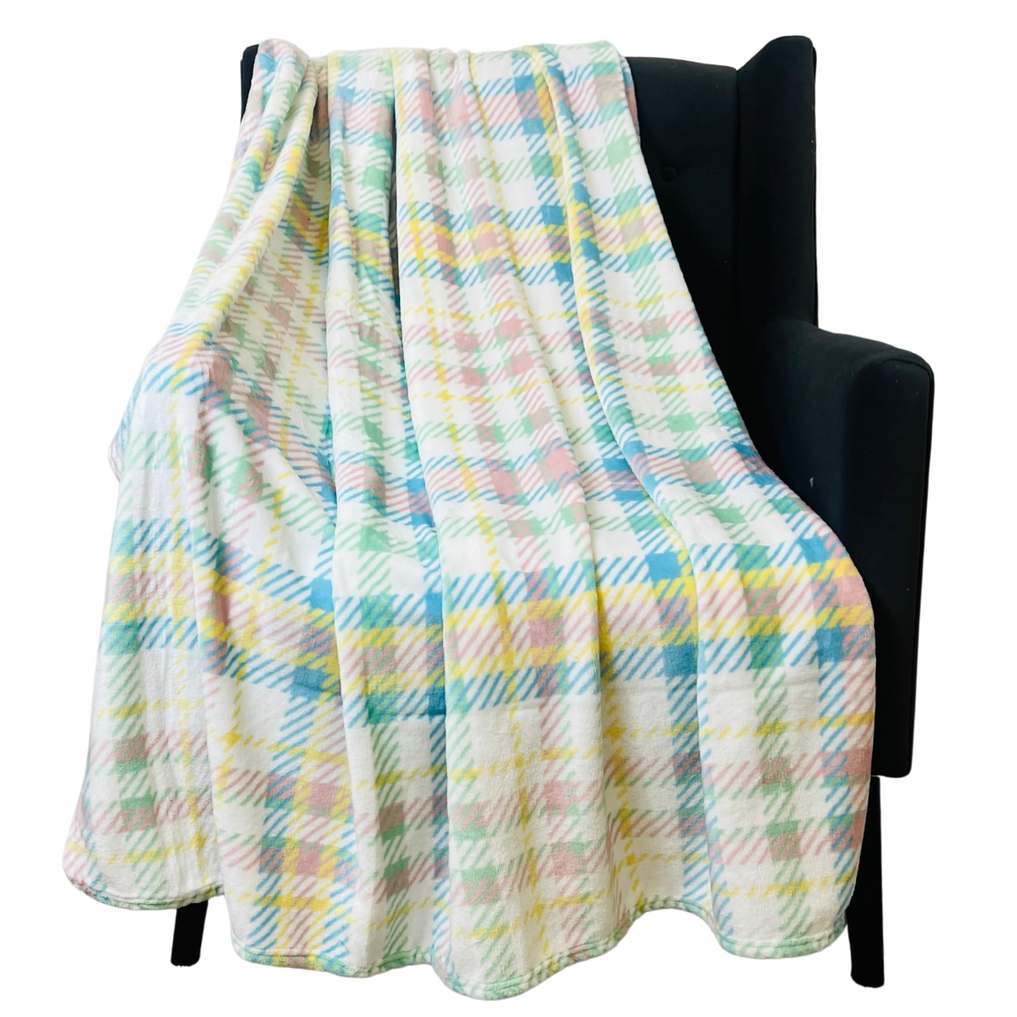 Easter Pastel Plaid Spring Fleece Throw Blanket: Soft Cozy Velvet Colors of Pink Blue Yellow White, Oversized 50" x 70" Inch