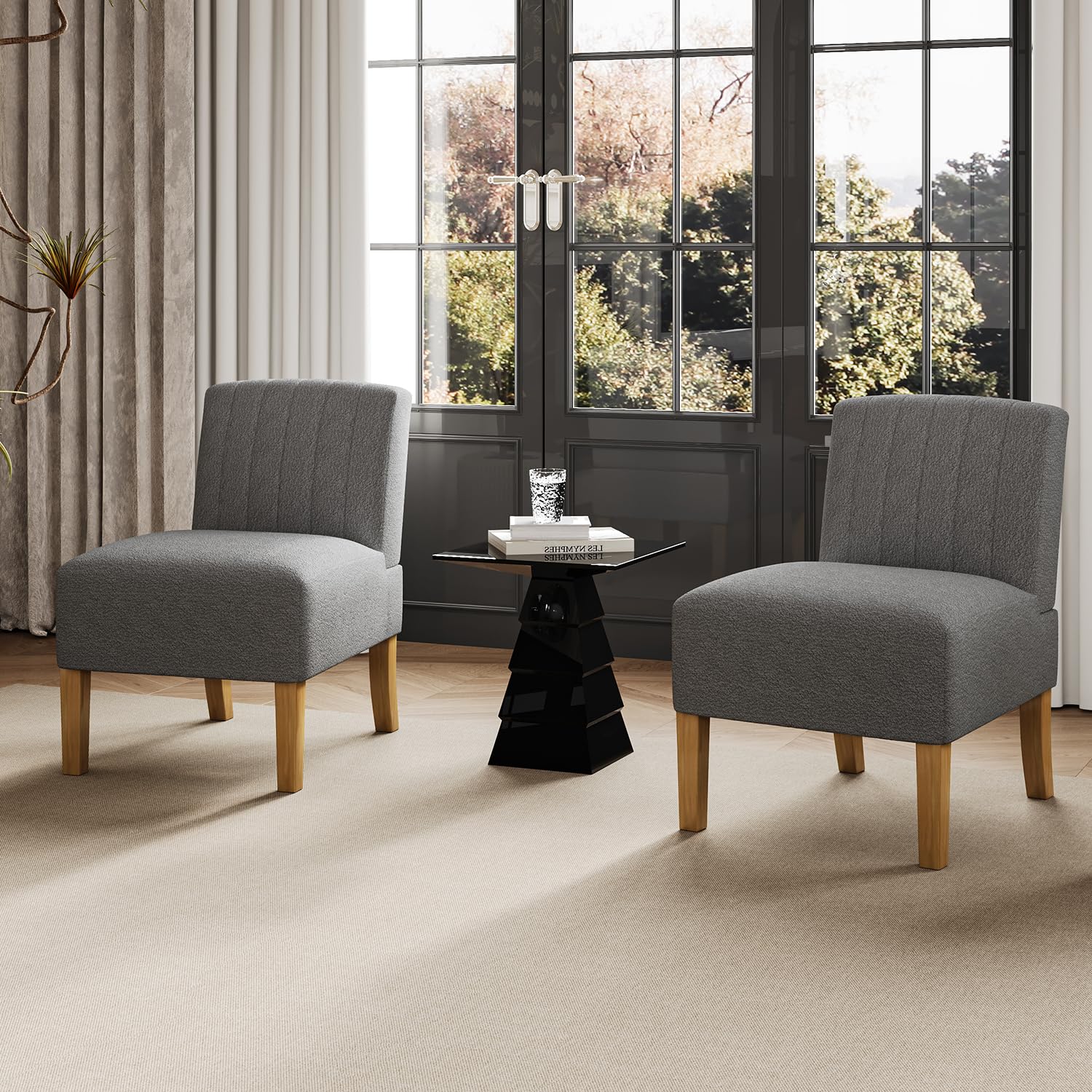 Photo 1 of VIRRMO Armless Accent Chairs Set of 2 for Living Room, Modern Slipper Chair Living Room Chairs with Solid Wood Legs, Makeup Vanity Chair Fabric Comfy Upholstered Arm Chair Accent Chair,Grey