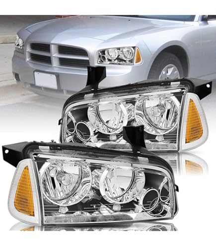 Pair Of Chrome Amber Corner Headlights For 2006-2010 Dodge Charger - LH & RH Halogen Lamps