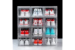BSFHH 12 Pack Shoe Boxes, Clear Acrylic Plastic Shoe Boxes Stackable, Space-Saving Foldable Drop Front Shoe Storage Boxes Container for With Lids Fits Up to Size 15 (Transparency)