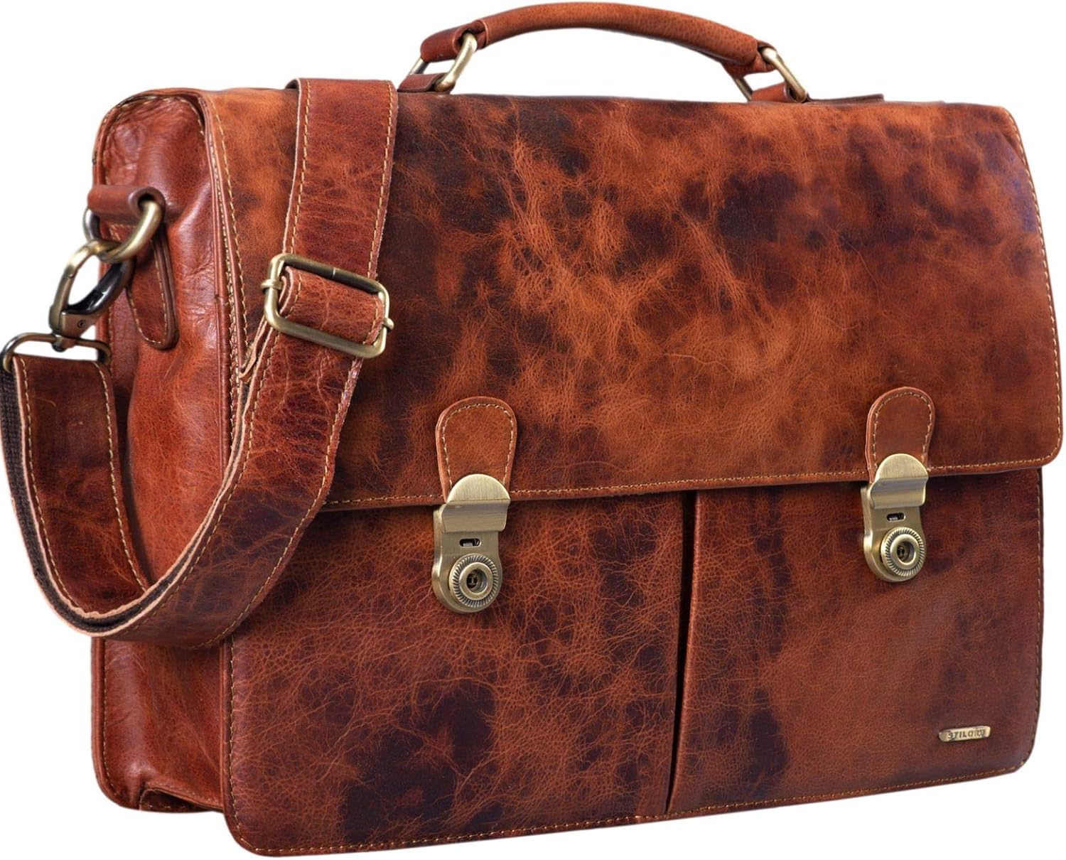 STILORD 'Arturo' Leather Briefcase Office Bag for Men Vintage Satchel Business Bag Classic for 13,3 Inch MacBook with Lock in Genuine Leather, Colour:Prestige - Brown