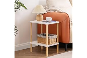 Apicizon 2 Tier End Table, Boho Side Table with Storage Shelf, Nightstand Bedside Table for Small Spaces, Bedroom, Living Room, Entryway, Farmhouse, Easy Assembly, White+Natural