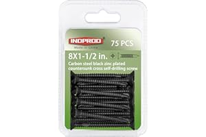 INDPROD #8 x 1-1/2" Phillips Flat Head Self Drilling Screw, Countersunk Flat Head Black Wood Screws, Self Tapping Sheet Metal Tek Screws, Black Zinc Plated Carbon Steel, 75Pcs