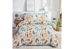 Ferdilan Kids Quilt Set Full/Queen Size, 3-Piece Cartoon Bear Bedding Bedspread Kids Reversible Forest Animals Design Lightweight Children Coverlet Quilt Set with Matching Shams