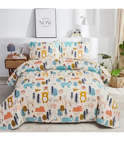 Kids Zone Dinosaurs Quilted Bedspread Set - Full/Queen Size, Blue Navy Black White Dino Kingdom Design, Includes Quilt & 2 Shams