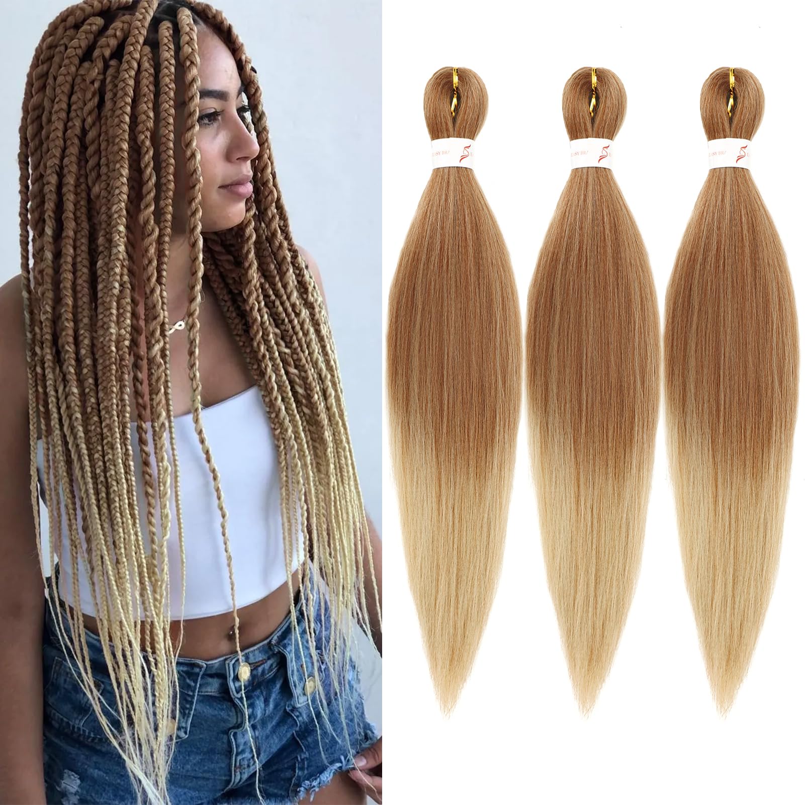 Photo 1 of Dorsanee Ombre Light Brown Braiding Hair Pre Stretched 24 Inch 3 Packs Braiding Hair Extensions for Box Braids Twists Locs Soft Yaki Texture Hot Water Setting (#Ombre Light Brown)