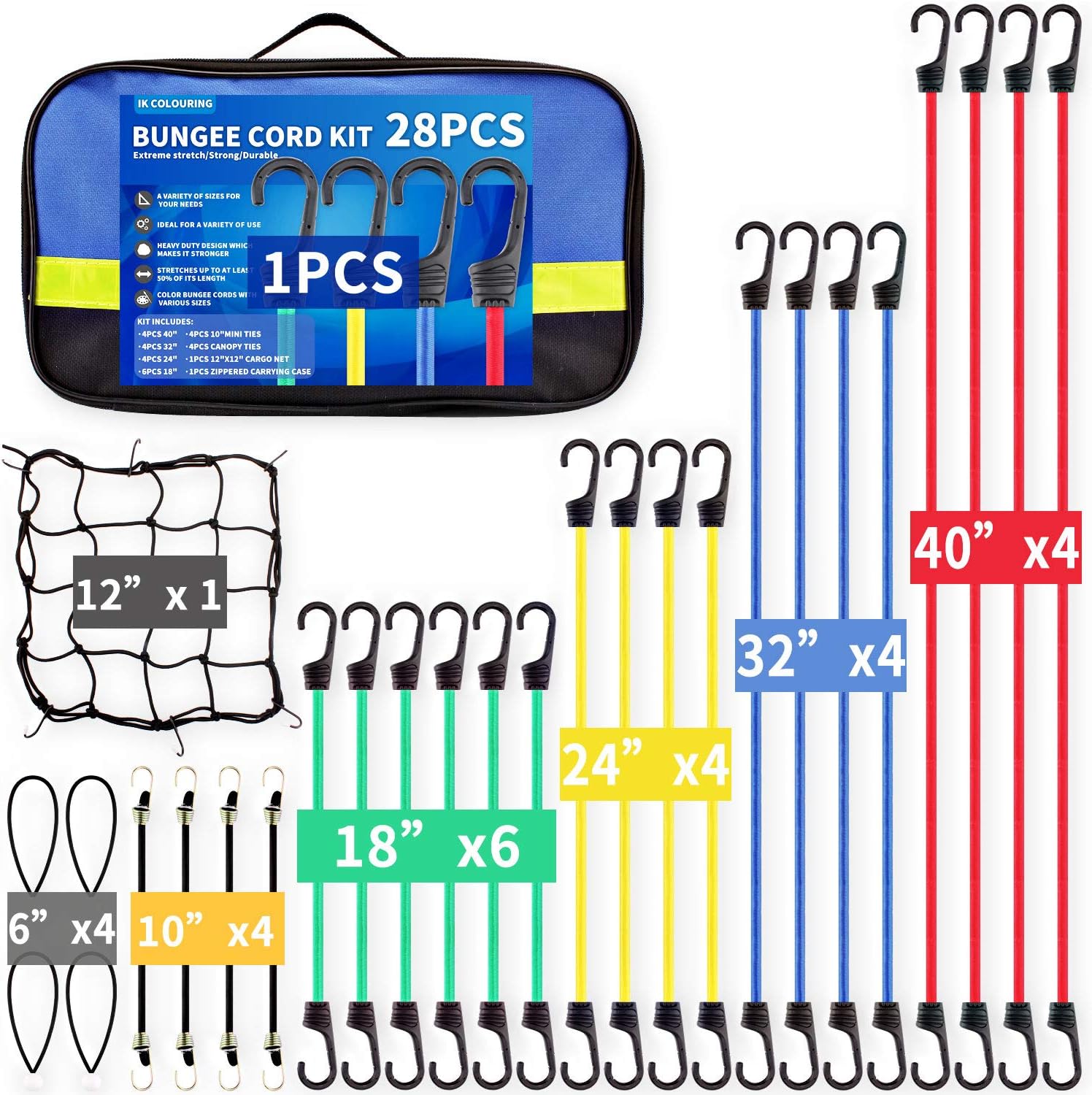 Bungee Cords Set with Hooks, 28pc Bungee Cord kit Heavy Duty with Storage Bag, Bonus Cargo Net, Includes 40”,32”,24”,18”,10” Bungee Cords and Canopy Ties&Ball Bungees, with Plastic Coated Metal Hooks: Automotive