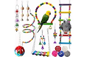 Hamiledyi Bird Parrot Swing Chewing Toy Set 15PCS Wooden Hanging Bell with Hammock Climbing Ladders Colorful Pet Birds Cage Toys for Small Parakeet Cockatiel Finches Conures Budgie Macaws Love Birds