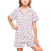 HMPEAIIY Girls Pajamas Sets, Kids Monkey Button Down Sleepover Loungewear | Cute Soft Preppy Top &amp; Short Outfit, V-Neck, Short Sleeve, Chest Pocket, Holiday Sleepwear, Xmas Thanksgiving Birthday Gift