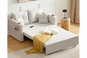 Busaurus 3 in 1 Convertible Sofa Bed, 56" Full Size Loveseat Sleeper Sofa Couch Bed, Sleeper Sofa Bed with Storage Pocket, USB, Comfy Pull Out Sofa Bed for Living Room, Bedroom, Small Space, Beige
