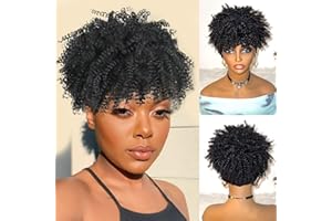 DEYNGS Headband Wig Afro Kinky Headband Wig with Bangs for Women Black Head Wrap 2 in 1 for Women Curly Full Scarf Wigs Synthetic Short Afro Kinky Wigs Afro High Puff Wig