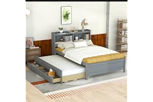 HARPER & BRIGHT DESIGNS Full Size Bed with Bookcase Headboard, USB ,Type-C Ports and LED light,Wood Full Bed Frames with Trundle & Storage Drawers ,Full Storage Bed with Trundle for Kids Girls Boys ,Grey