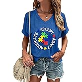 ELDPS Autism Awareness Shirt Women: Autism Acceptance T Shirt Puzzle Piece Graphic Short Sleeve V Neck Tee Tops