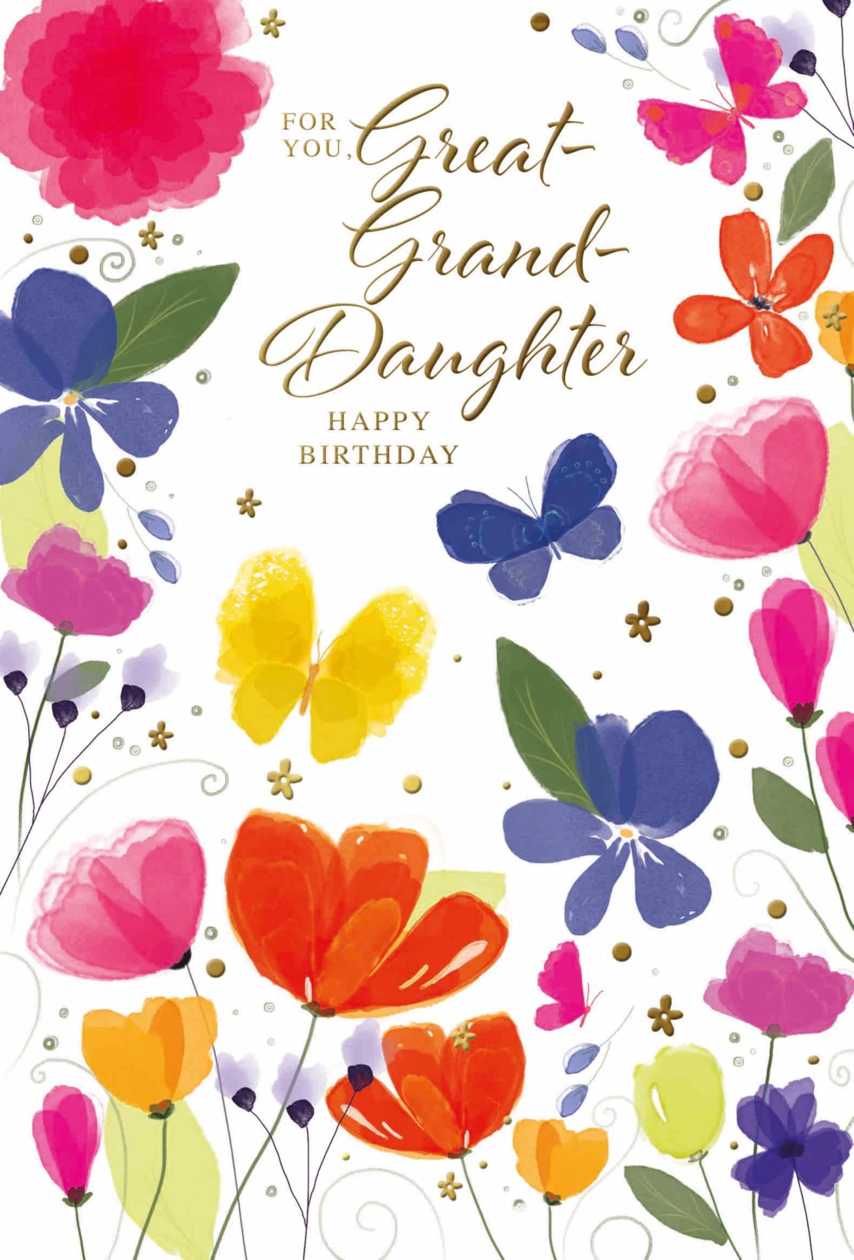 Great Granddaughter Birthday Card - Bright Flowers Butterflies & Foil 7.75x5.25