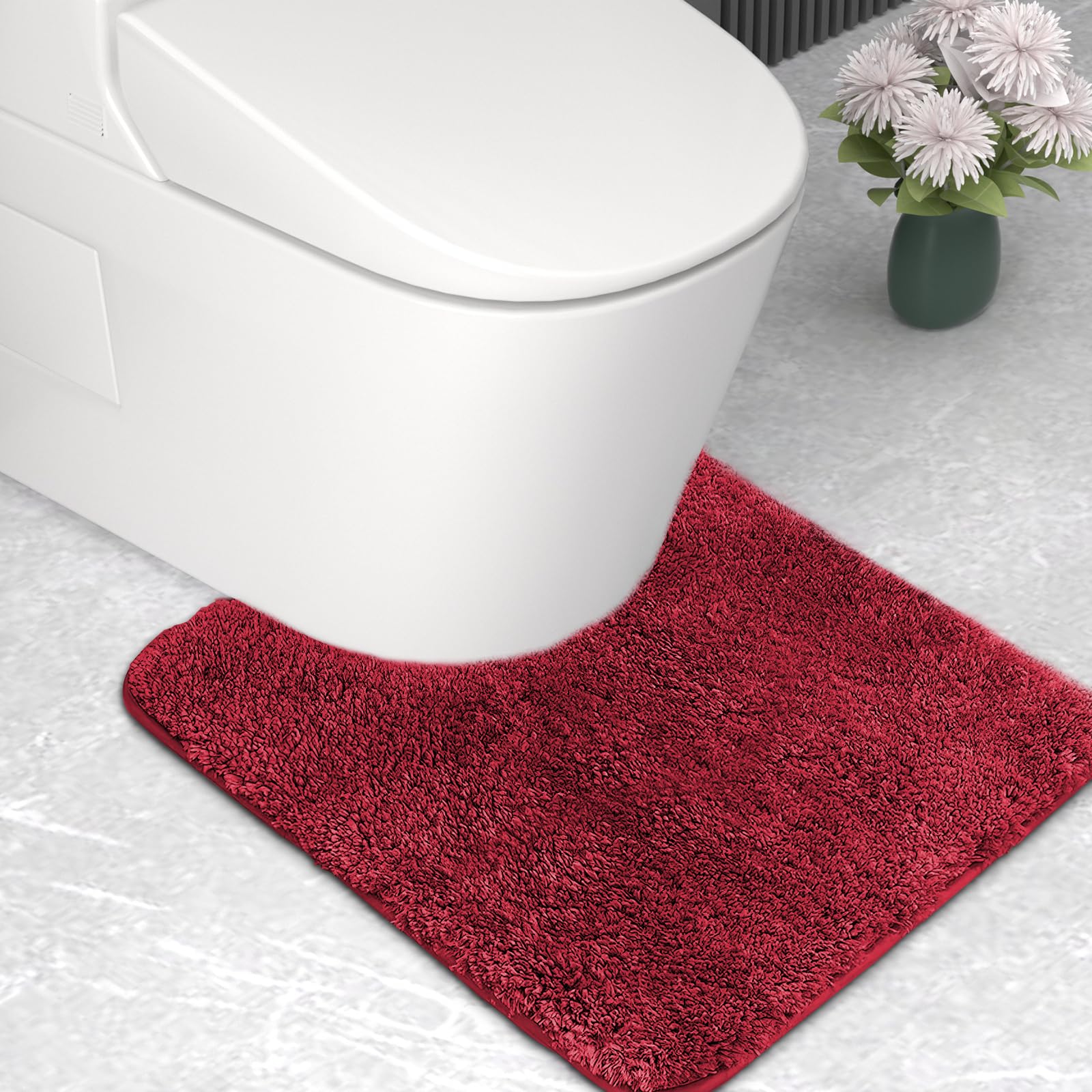 wyewye Microfibre Bath Mat, Toilet Mat, 2cm Super Thick Bath Rug, Super Absorbent Bathroom Rug 50x50cm U-shape, Red