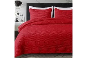 Whale Flotilla Soft Queen Size Quilt Set for All Seasons, 3-Piece Ultrasonic Geometric Quilts Bedding Set, Lightweight Reversible Bedspread, Coverlet, Bed Cover with 2 Pillow Shams, Red