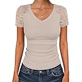 ANRABESS Women Short Sleeve V Neck Lace Shirts Ribbed Knit Fitted Basic Tee Top 2026 Summer Casual T-Shirts Going Out Outfits