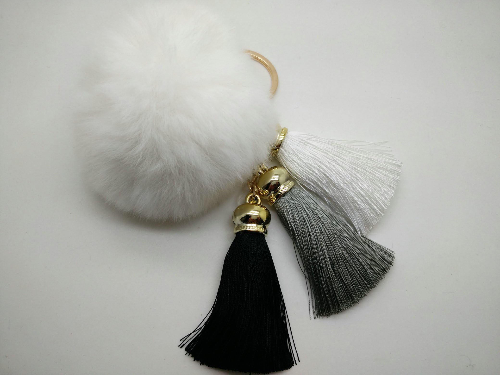 Fashion New Tassel Cute Fluffy Rex Rabbit Fur Pom Pom Keychain Fur Ball Car Keyrings Handbag Pendant (White )