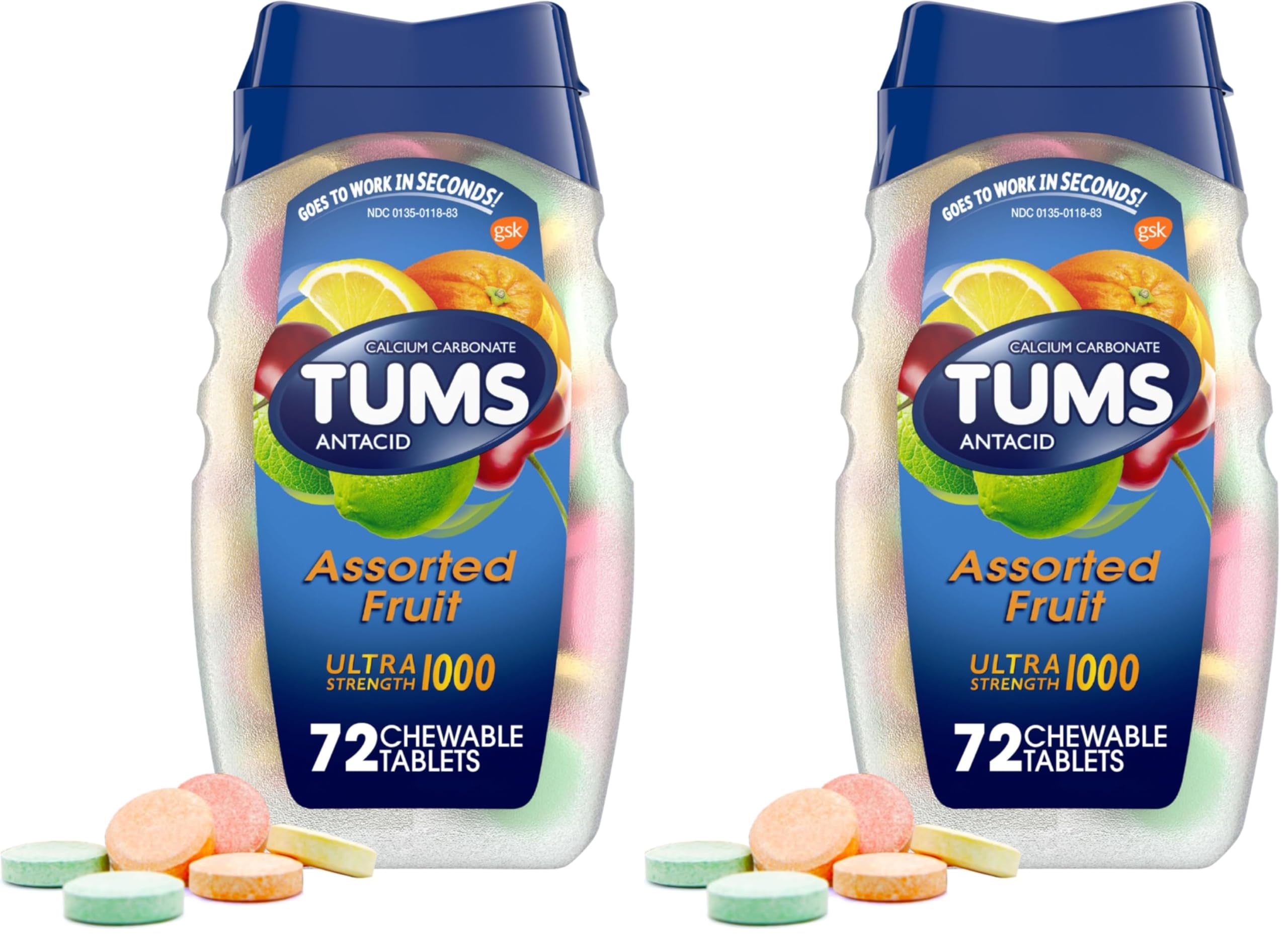 TUMS Tabletas antiácidas ultra fuertes para alivio de acidez estomacal masticable y alivio de la indigestión ácida, frutas variadas, 72 unidades (paquete de 2)
